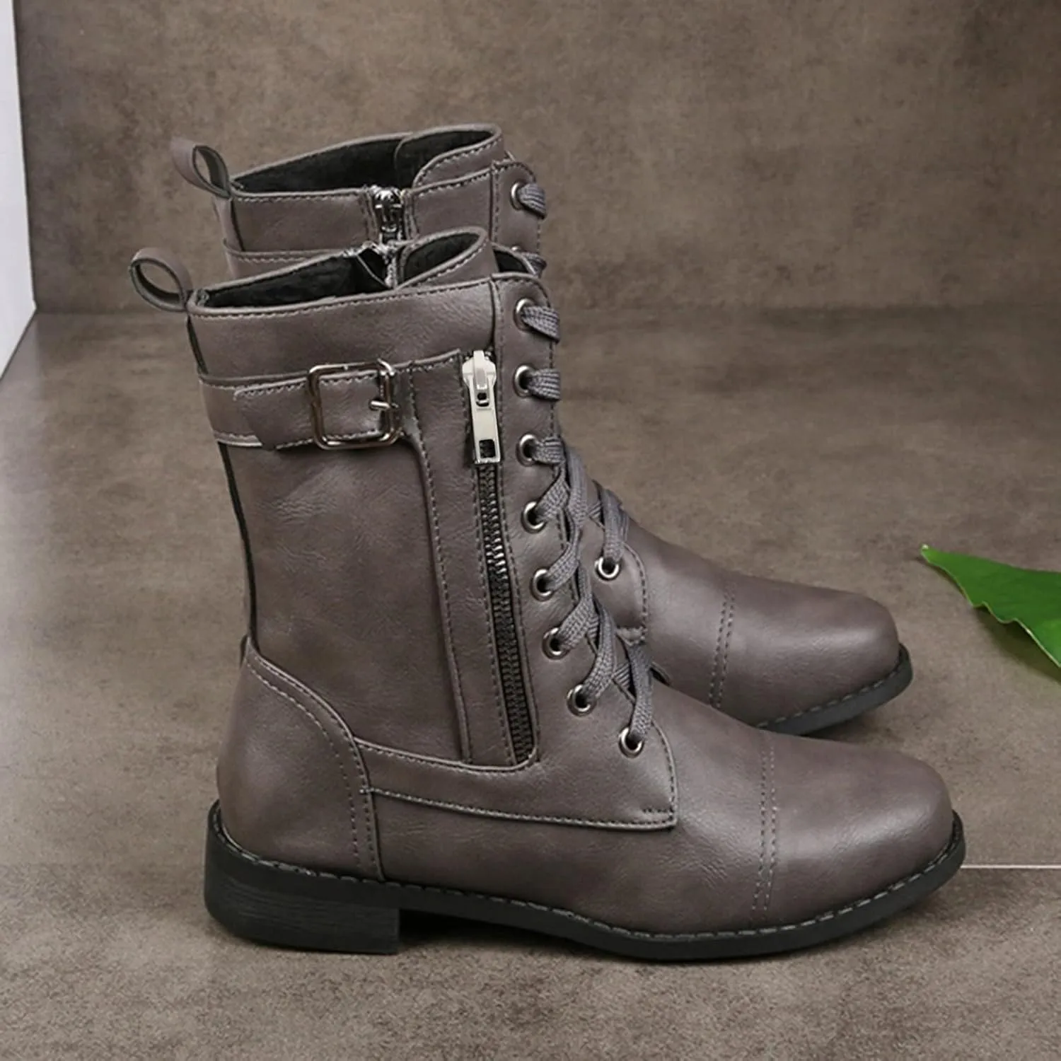 Womens Boots Fashion Side Zipper Lace Up Chunky Heel Motorcycle Boots for Women Soft Leather Mid-Calf Boots