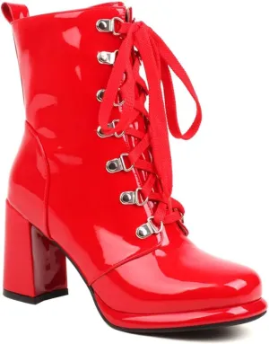 Women's Chunky High Heels Ankle Boots Lace Up Zip Round Toe Patent Leather Winter Dressy Short Booties