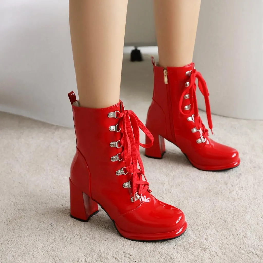 Women's Chunky High Heels Ankle Boots Lace Up Zip Round Toe Patent Leather Winter Dressy Short Booties