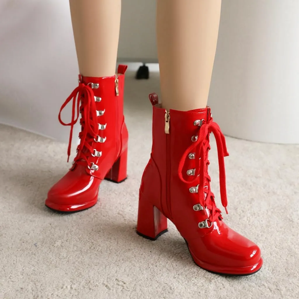 Women's Chunky High Heels Ankle Boots Lace Up Zip Round Toe Patent Leather Winter Dressy Short Booties