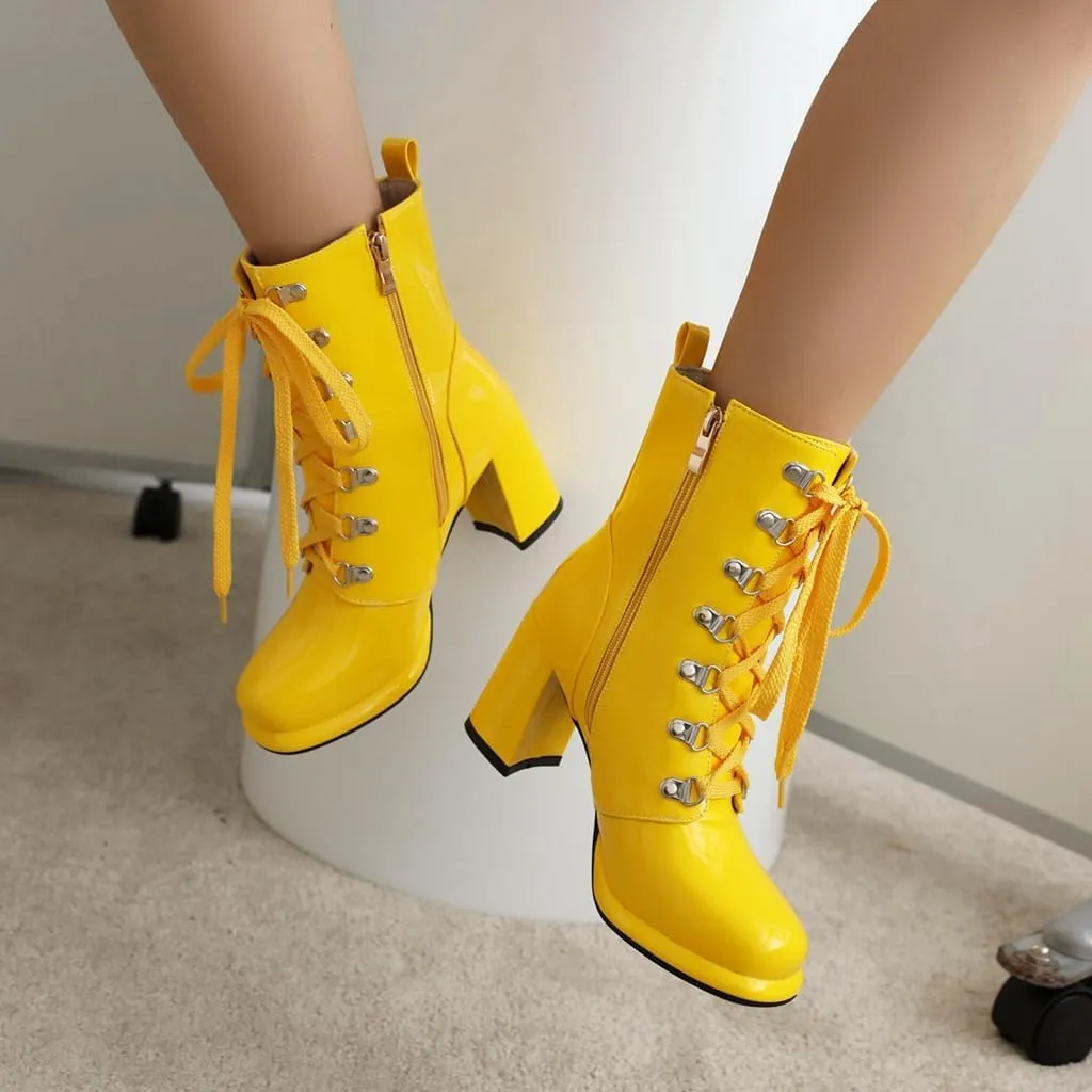 Women's Chunky High Heels Ankle Boots Lace Up Zip Round Toe Patent Leather Winter Dressy Short Booties