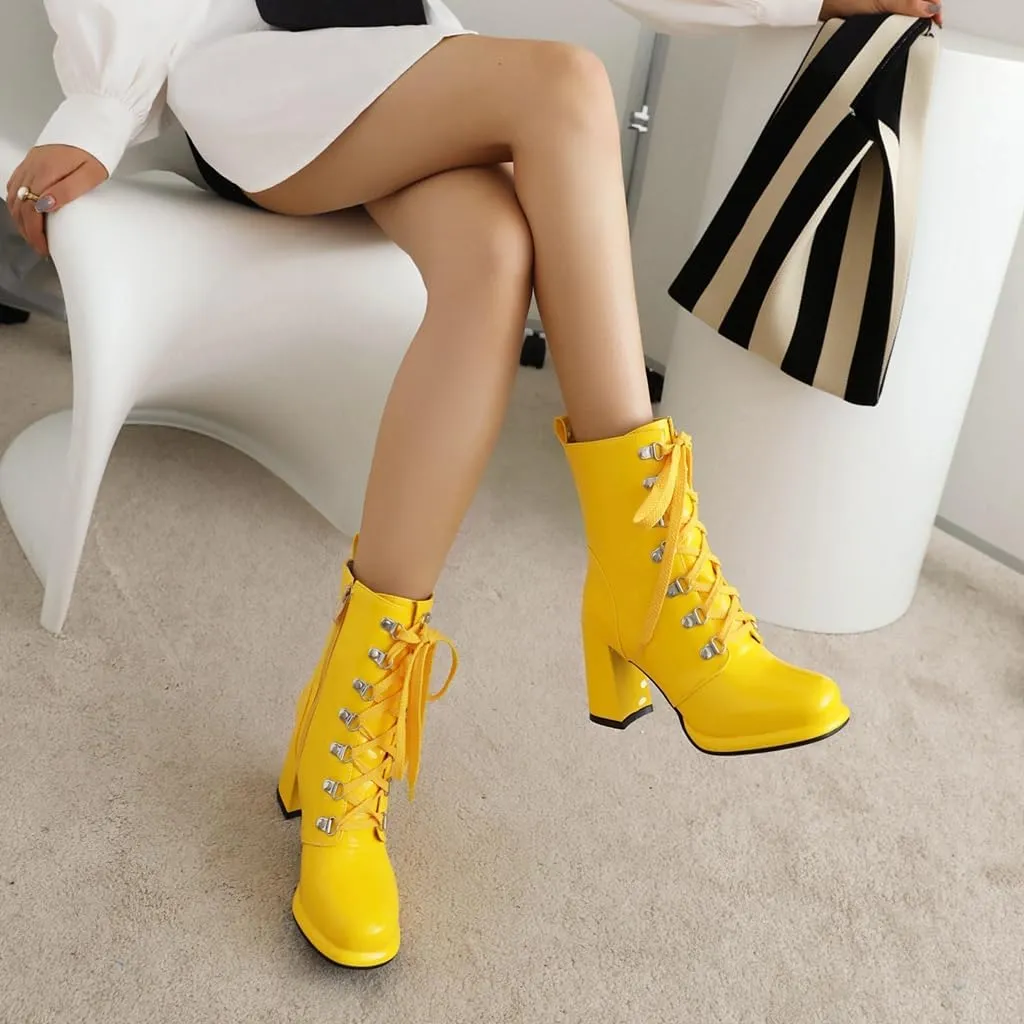 Women's Chunky High Heels Ankle Boots Lace Up Zip Round Toe Patent Leather Winter Dressy Short Booties