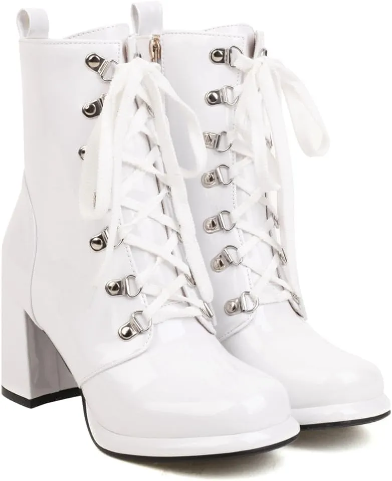 Women's Chunky High Heels Ankle Boots Lace Up Zip Round Toe Patent Leather Winter Dressy Short Booties