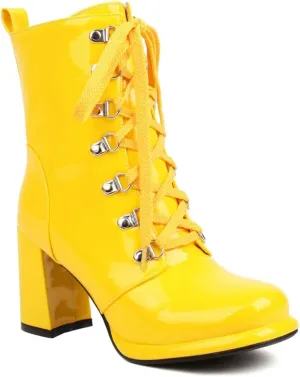 Women's Chunky High Heels Ankle Boots Lace Up Zip Round Toe Patent Leather Winter Dressy Short Booties