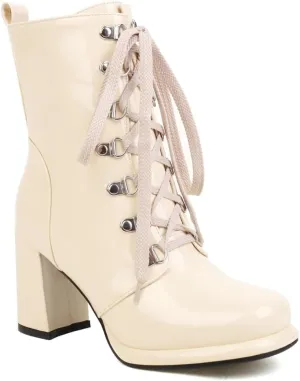 Women's Chunky High Heels Ankle Boots Lace Up Zip Round Toe Patent Leather Winter Dressy Short Booties