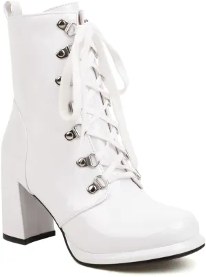 Women's Chunky High Heels Ankle Boots Lace Up Zip Round Toe Patent Leather Winter Dressy Short Booties