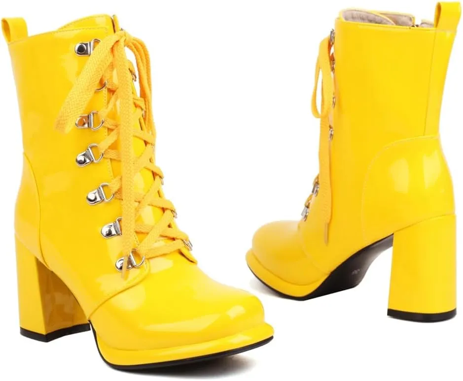 Women's Chunky High Heels Ankle Boots Lace Up Zip Round Toe Patent Leather Winter Dressy Short Booties
