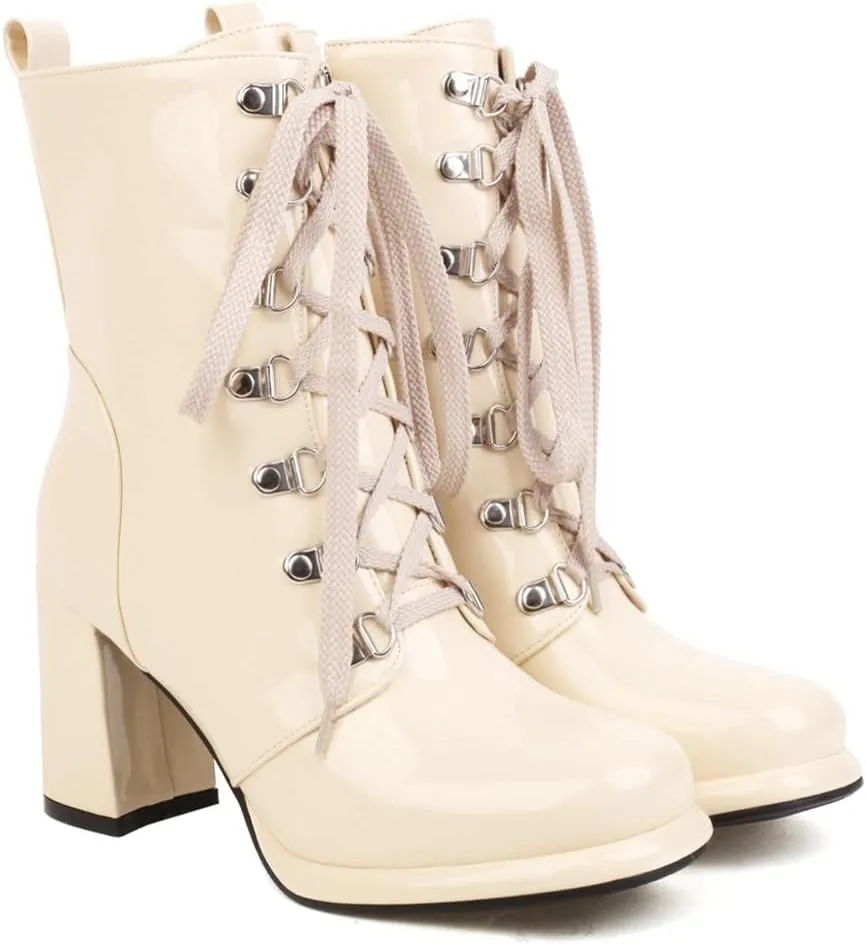 Women's Chunky High Heels Ankle Boots Lace Up Zip Round Toe Patent Leather Winter Dressy Short Booties
