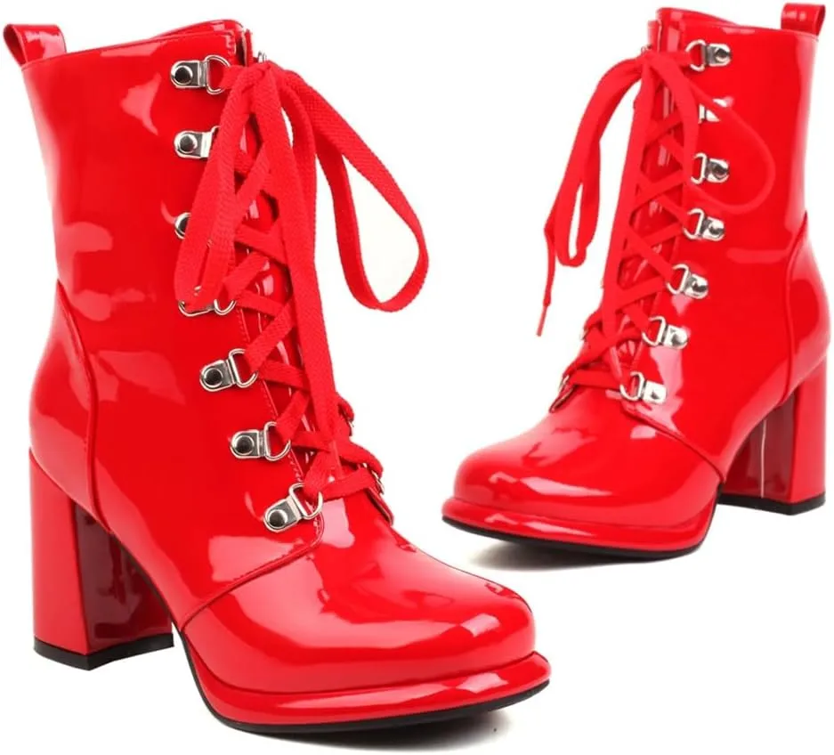 Women's Chunky High Heels Ankle Boots Lace Up Zip Round Toe Patent Leather Winter Dressy Short Booties