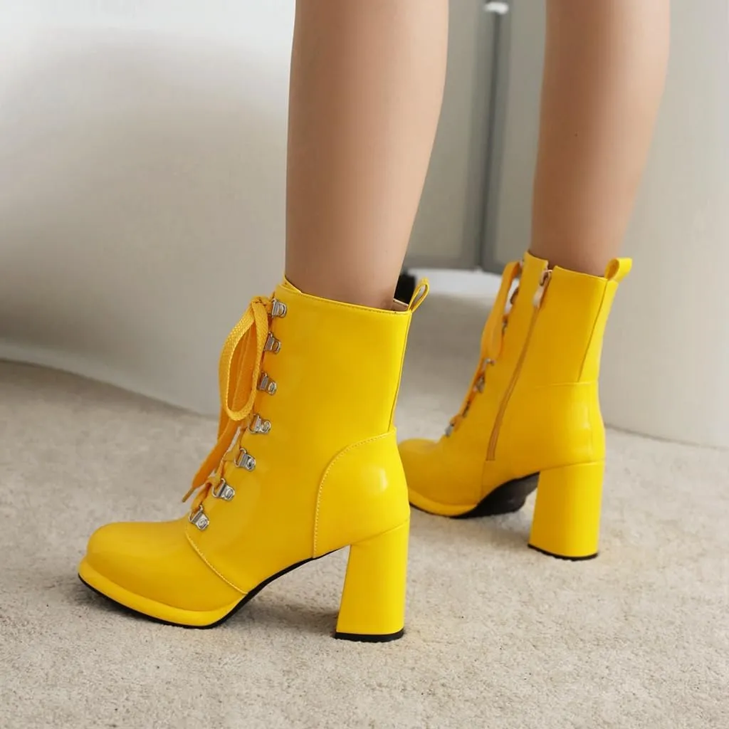 Women's Chunky High Heels Ankle Boots Lace Up Zip Round Toe Patent Leather Winter Dressy Short Booties