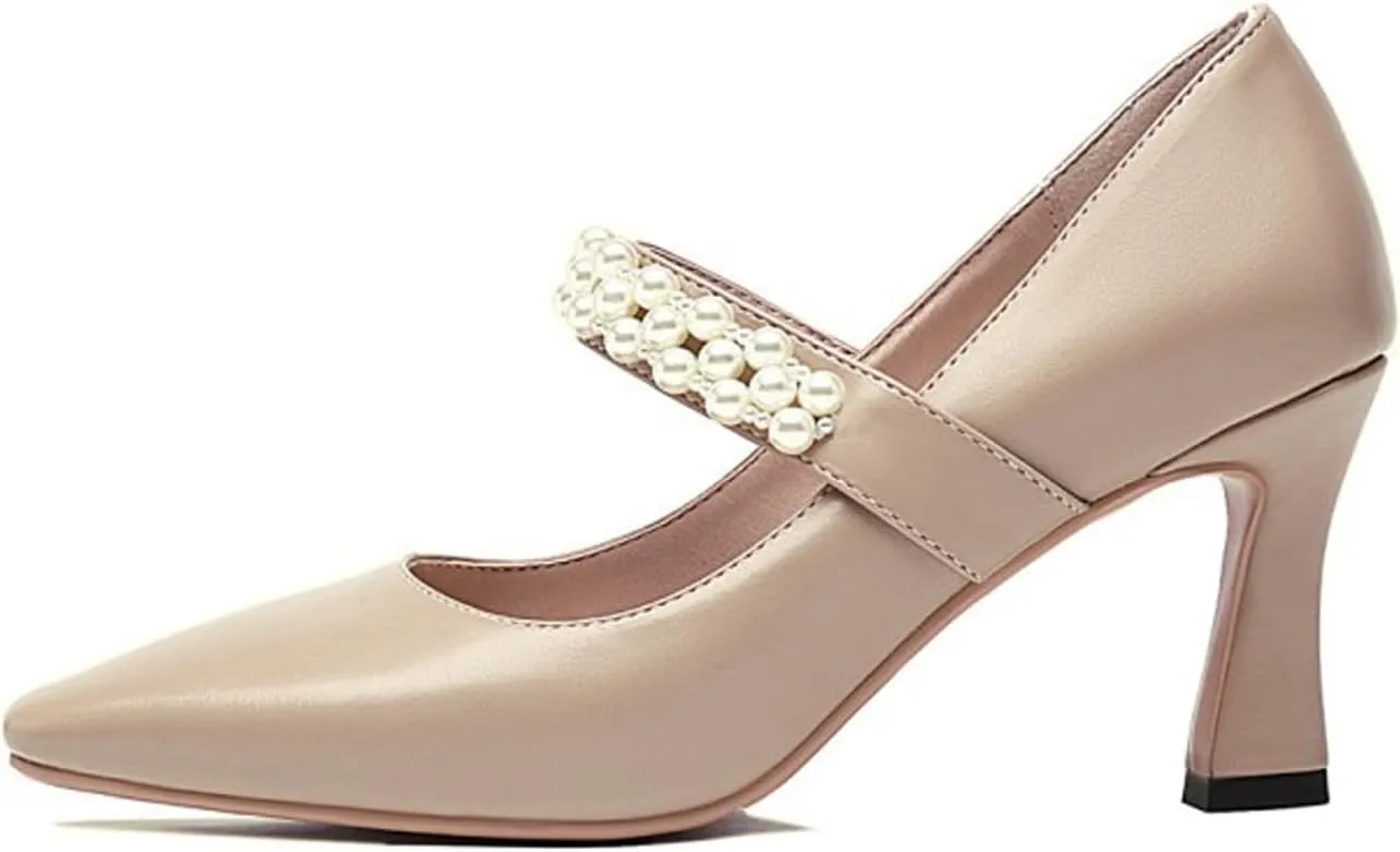 Women's Closed Square Toe High Heel Mary Jane Ankle Strap Beaded Decorated Dress Shoes for Party Banquet Dress Pumps