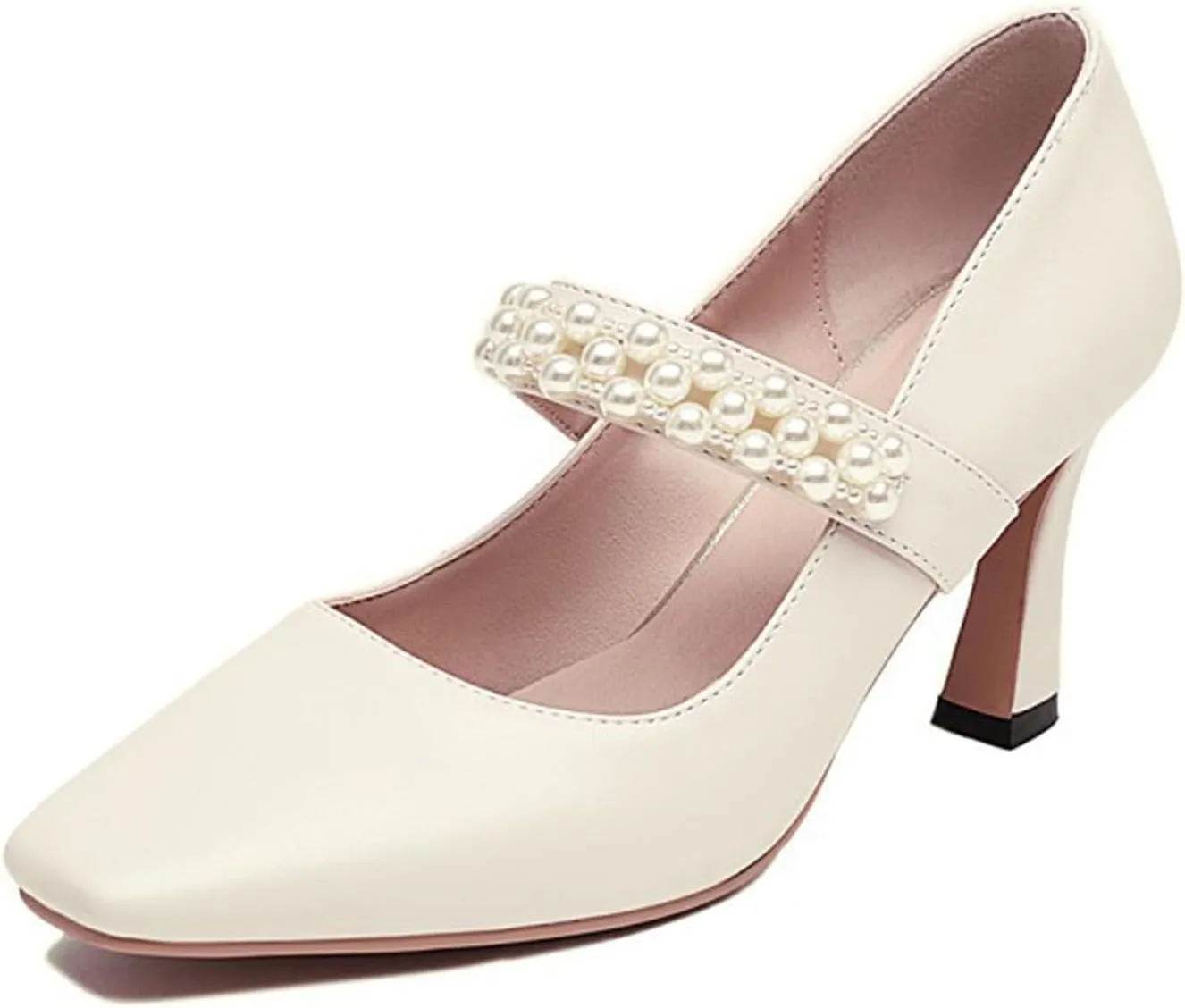 Women's Closed Square Toe High Heel Mary Jane Ankle Strap Beaded Decorated Dress Shoes for Party Banquet Dress Pumps