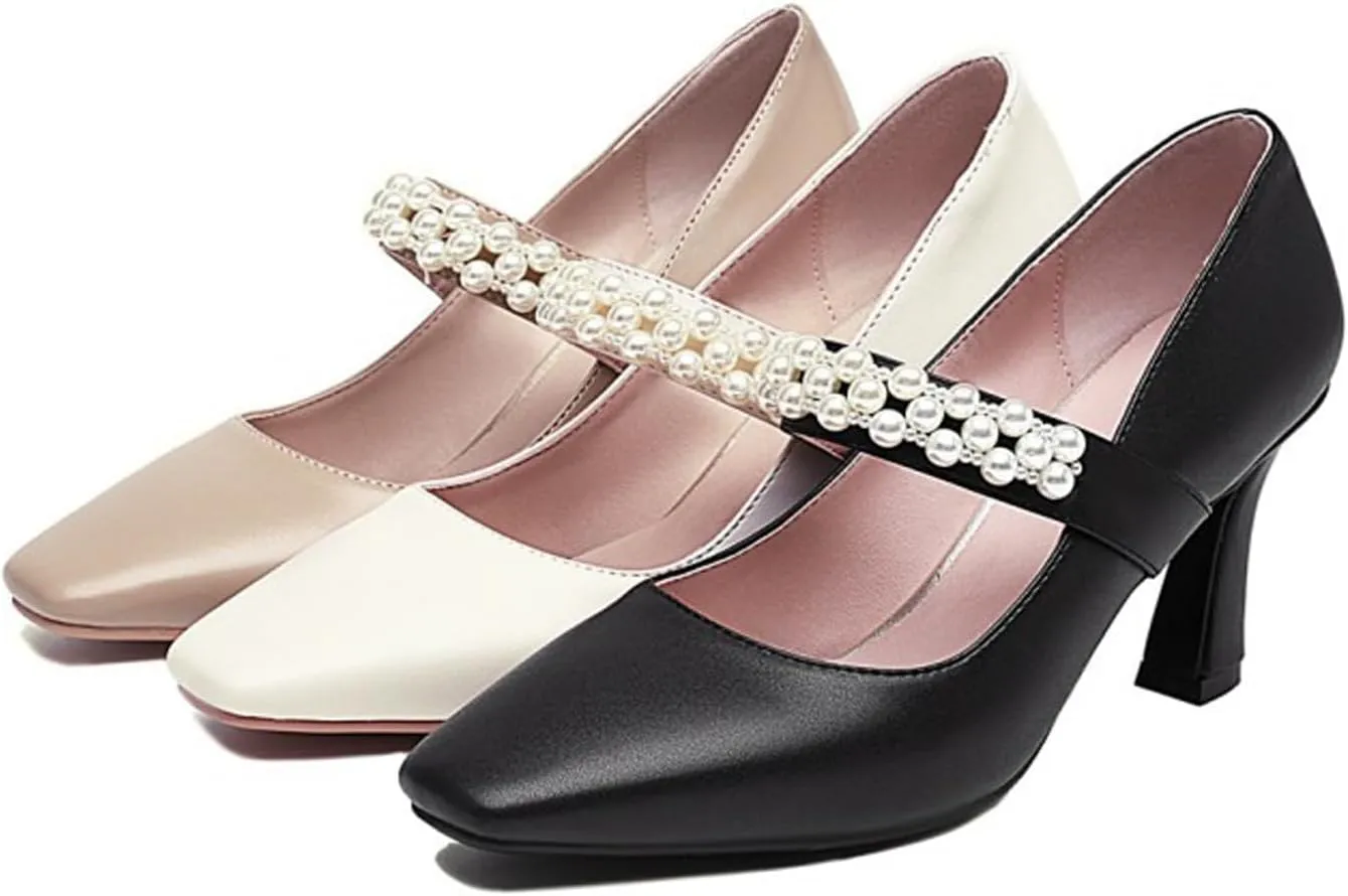 Women's Closed Square Toe High Heel Mary Jane Ankle Strap Beaded Decorated Dress Shoes for Party Banquet Dress Pumps