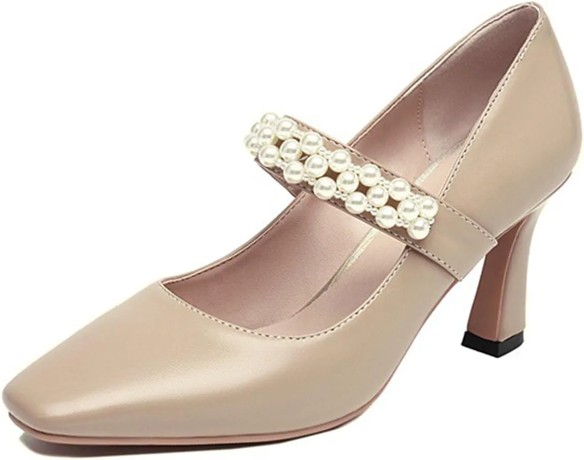 Women's Closed Square Toe High Heel Mary Jane Ankle Strap Beaded Decorated Dress Shoes for Party Banquet Dress Pumps