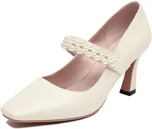 Women's Closed Square Toe High Heel Mary Jane Ankle Strap Beaded Decorated Dress Shoes for Party Banquet Dress Pumps