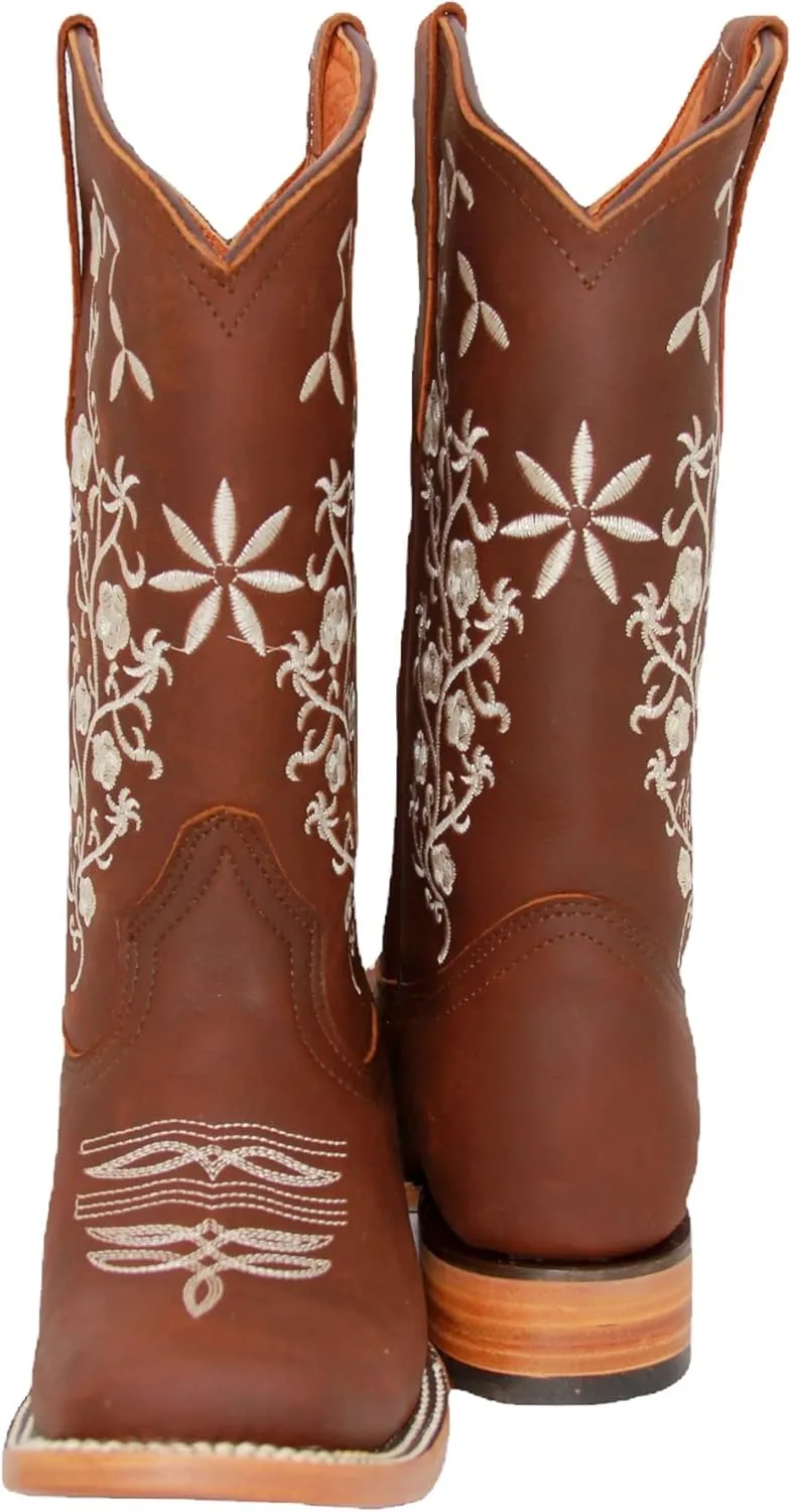 Womens Cowgirl Cowboy Boot Floral Embroidered Square Toe Mid Calf Western Boot