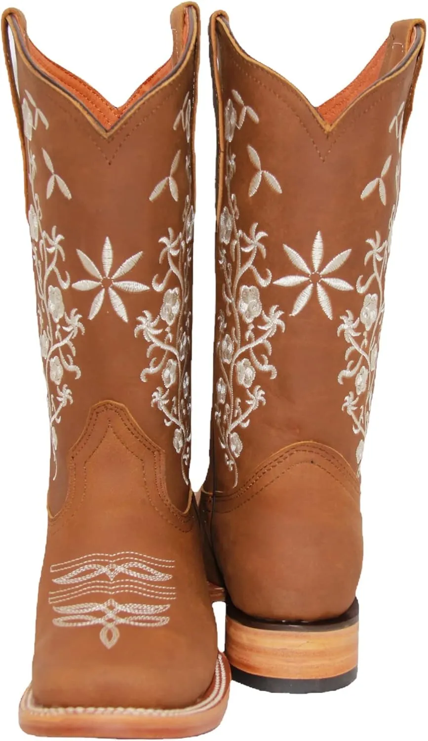 Womens Cowgirl Cowboy Boot Floral Embroidered Square Toe Mid Calf Western Boot