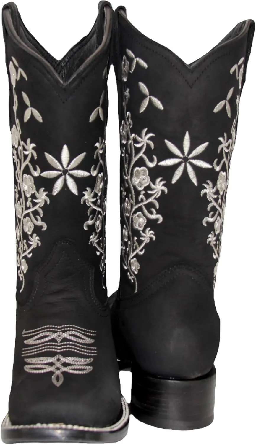 Womens Cowgirl Cowboy Boot Floral Embroidered Square Toe Mid Calf Western Boot