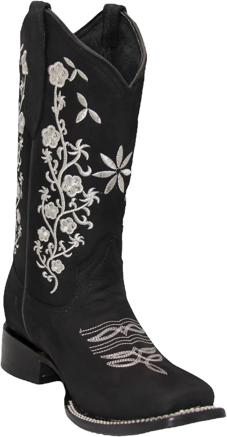 Womens Cowgirl Cowboy Boot Floral Embroidered Square Toe Mid Calf Western Boot