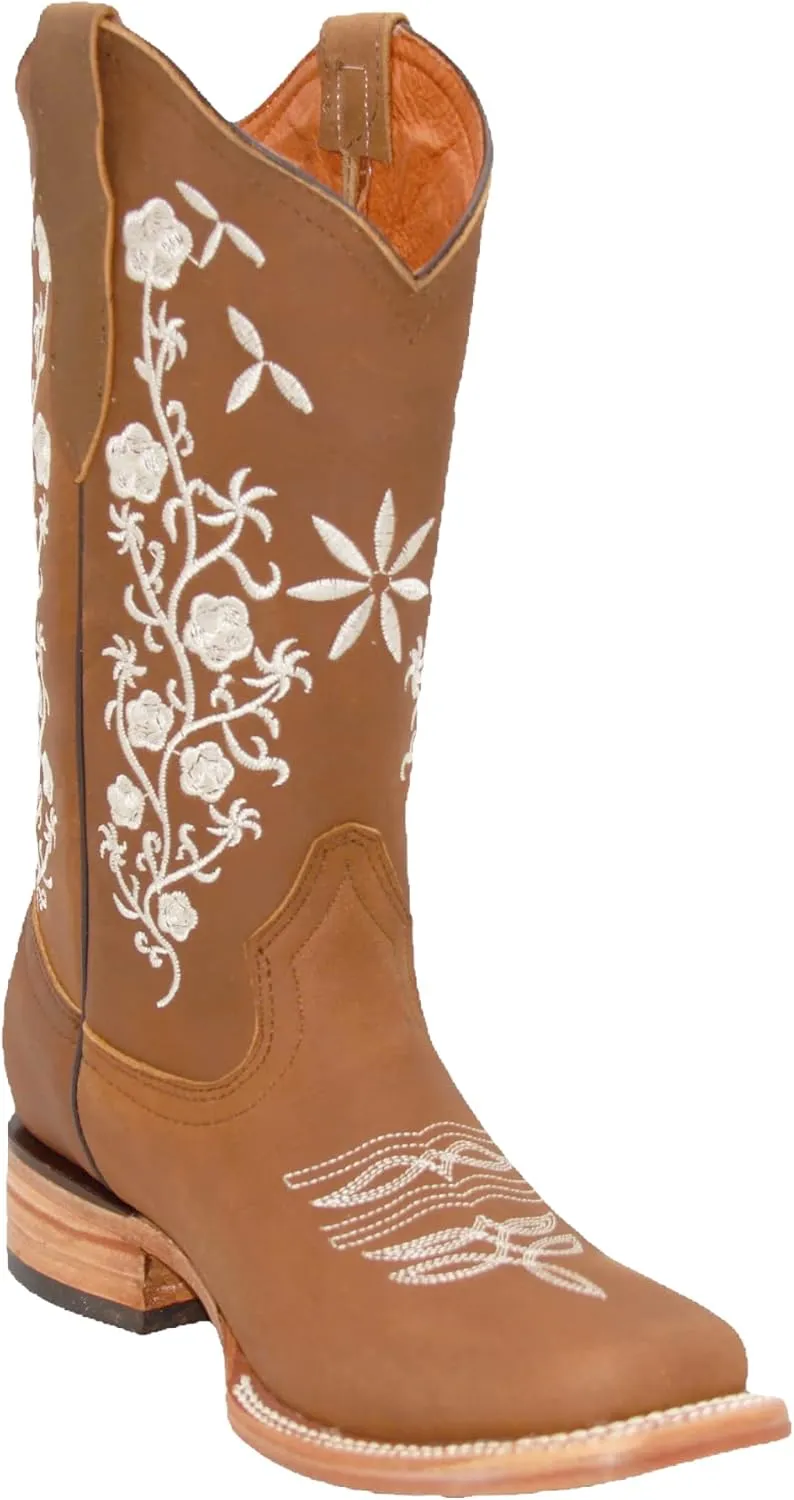 Womens Cowgirl Cowboy Boot Floral Embroidered Square Toe Mid Calf Western Boot