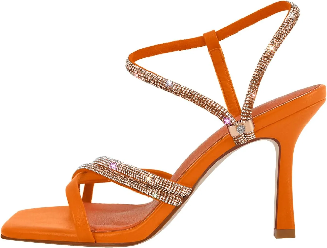 Women's Diamond Studded Straps Stilettos Square Toe Slingback Heeled Sandals
