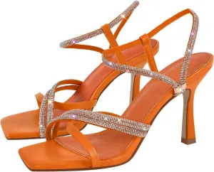 Women's Diamond Studded Straps Stilettos Square Toe Slingback Heeled Sandals