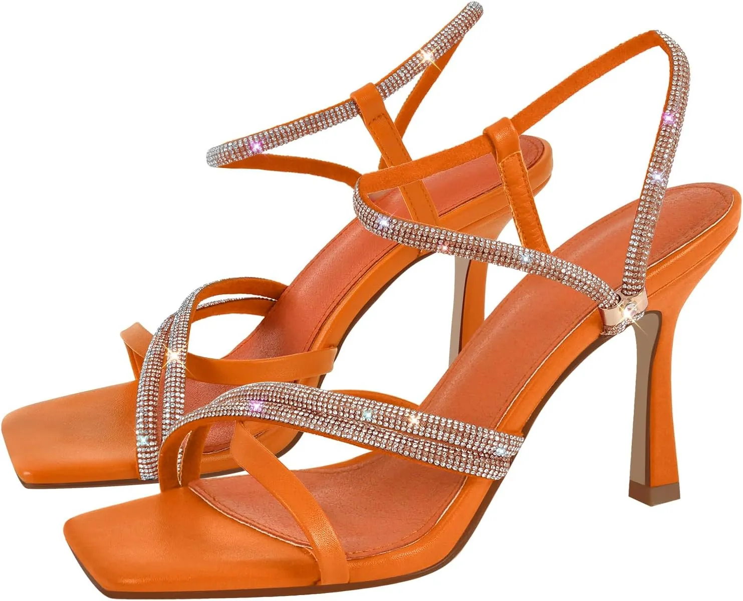 Women's Diamond Studded Straps Stilettos Square Toe Slingback Heeled Sandals