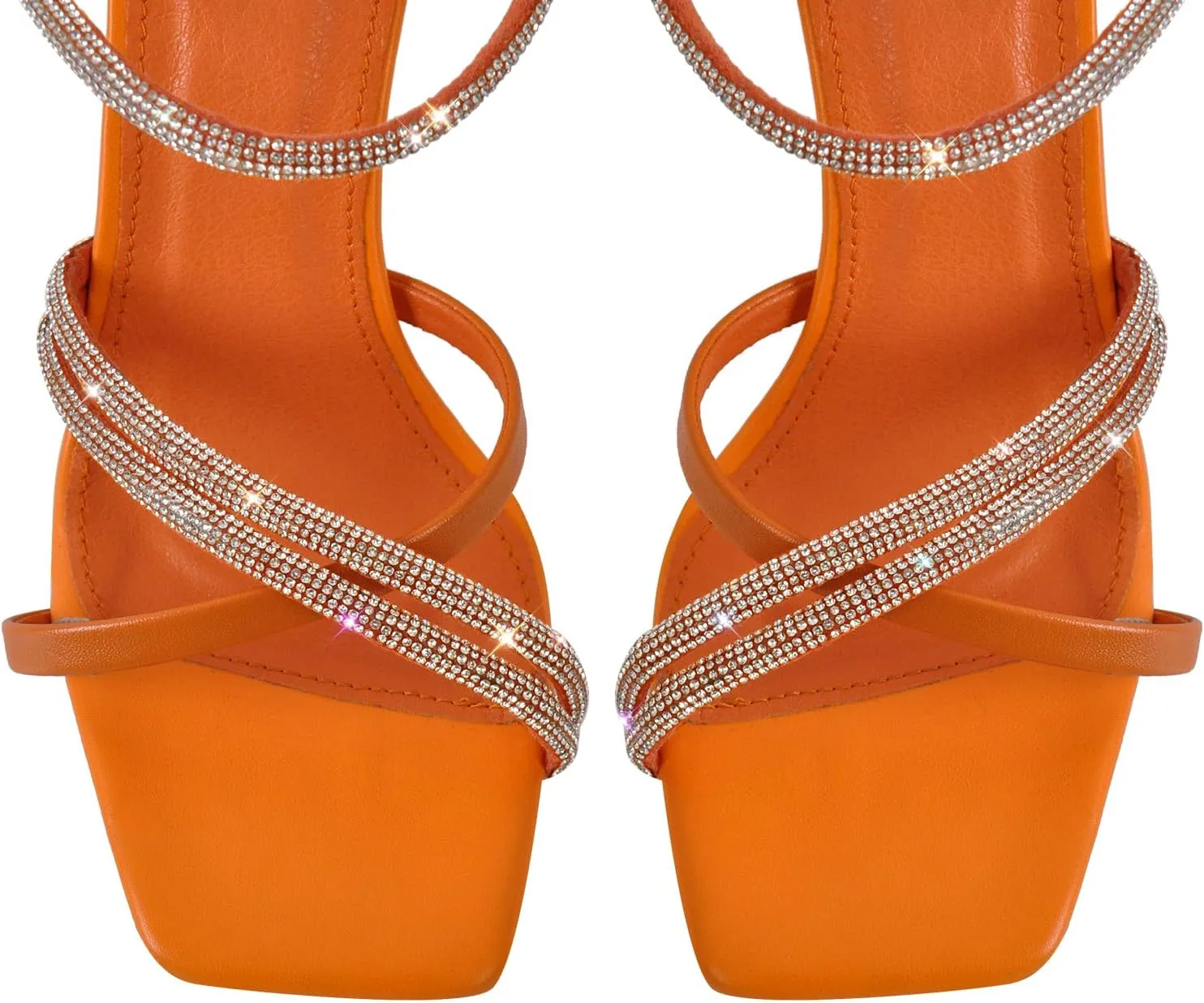 Women's Diamond Studded Straps Stilettos Square Toe Slingback Heeled Sandals