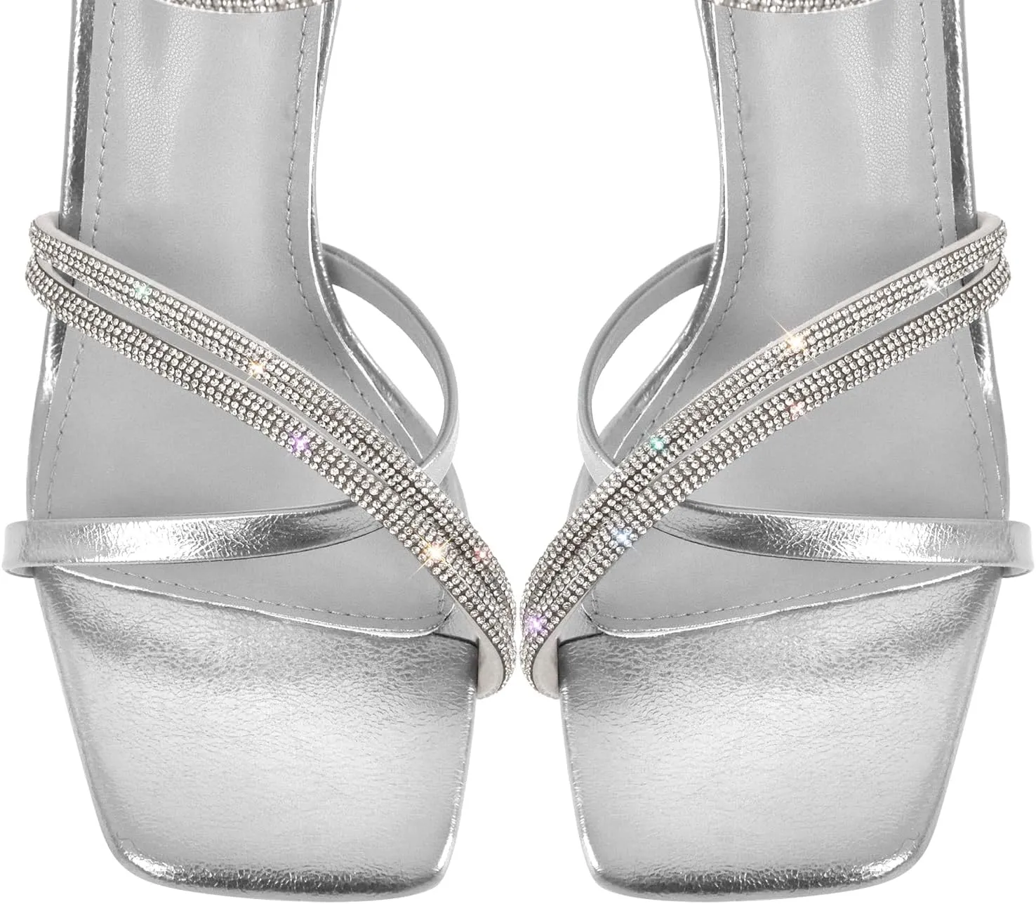 Women's Diamond Studded Straps Stilettos Square Toe Slingback Heeled Sandals
