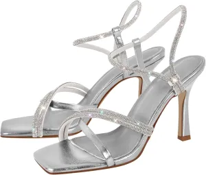 Women's Diamond Studded Straps Stilettos Square Toe Slingback Heeled Sandals