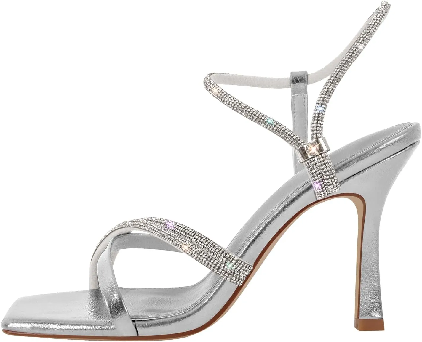 Women's Diamond Studded Straps Stilettos Square Toe Slingback Heeled Sandals
