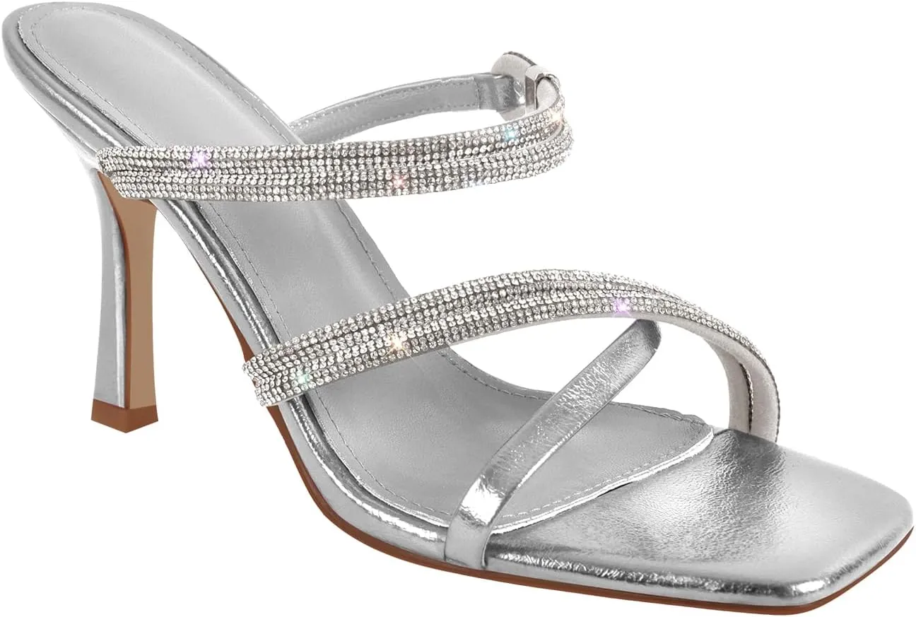 Women's Diamond Studded Straps Stilettos Square Toe Slingback Heeled Sandals