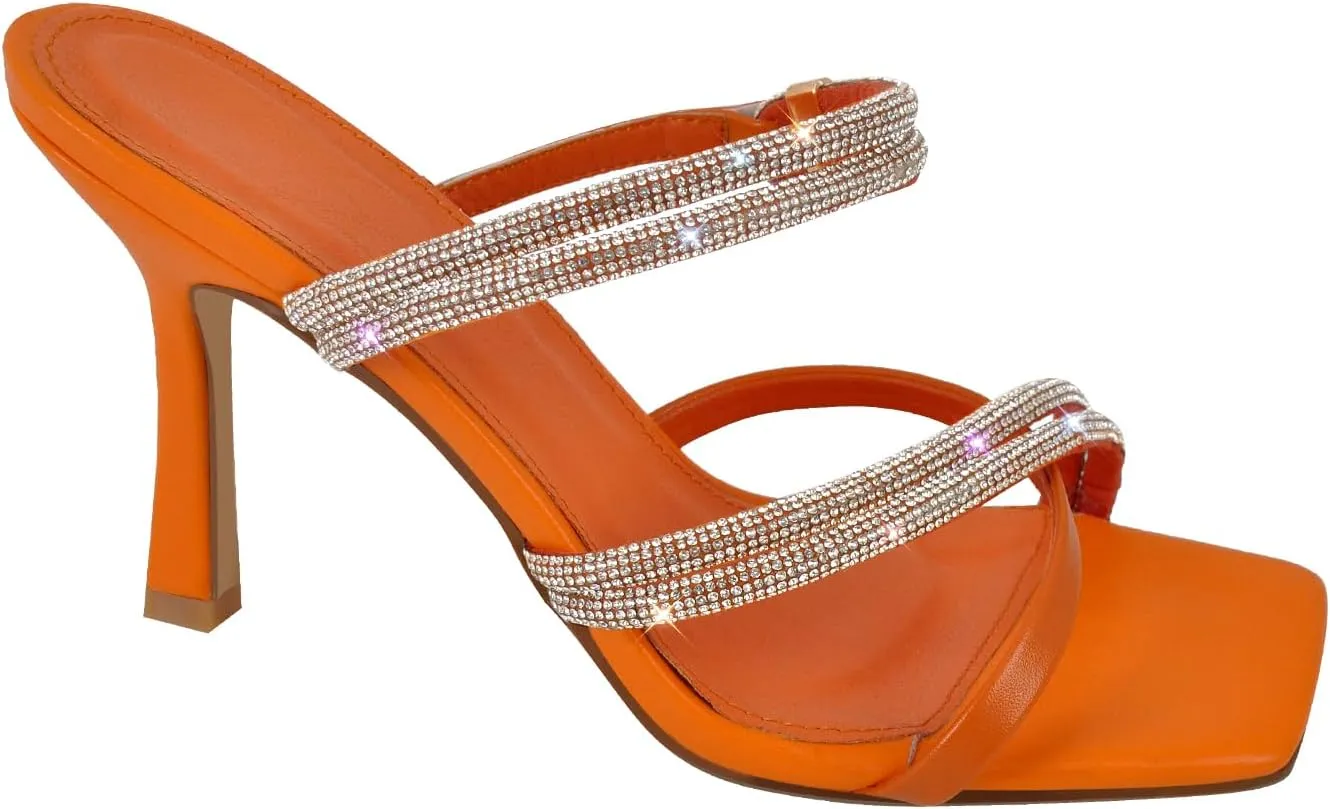 Women's Diamond Studded Straps Stilettos Square Toe Slingback Heeled Sandals