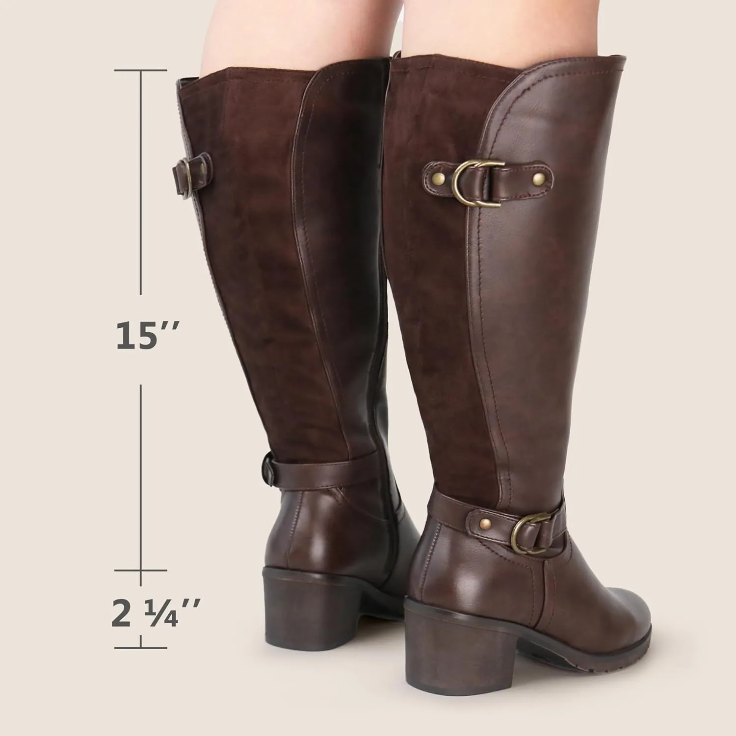 Women's Extra Wide Calf Knee High Riding Boots with Block Heel and Decorated Double Buckle
