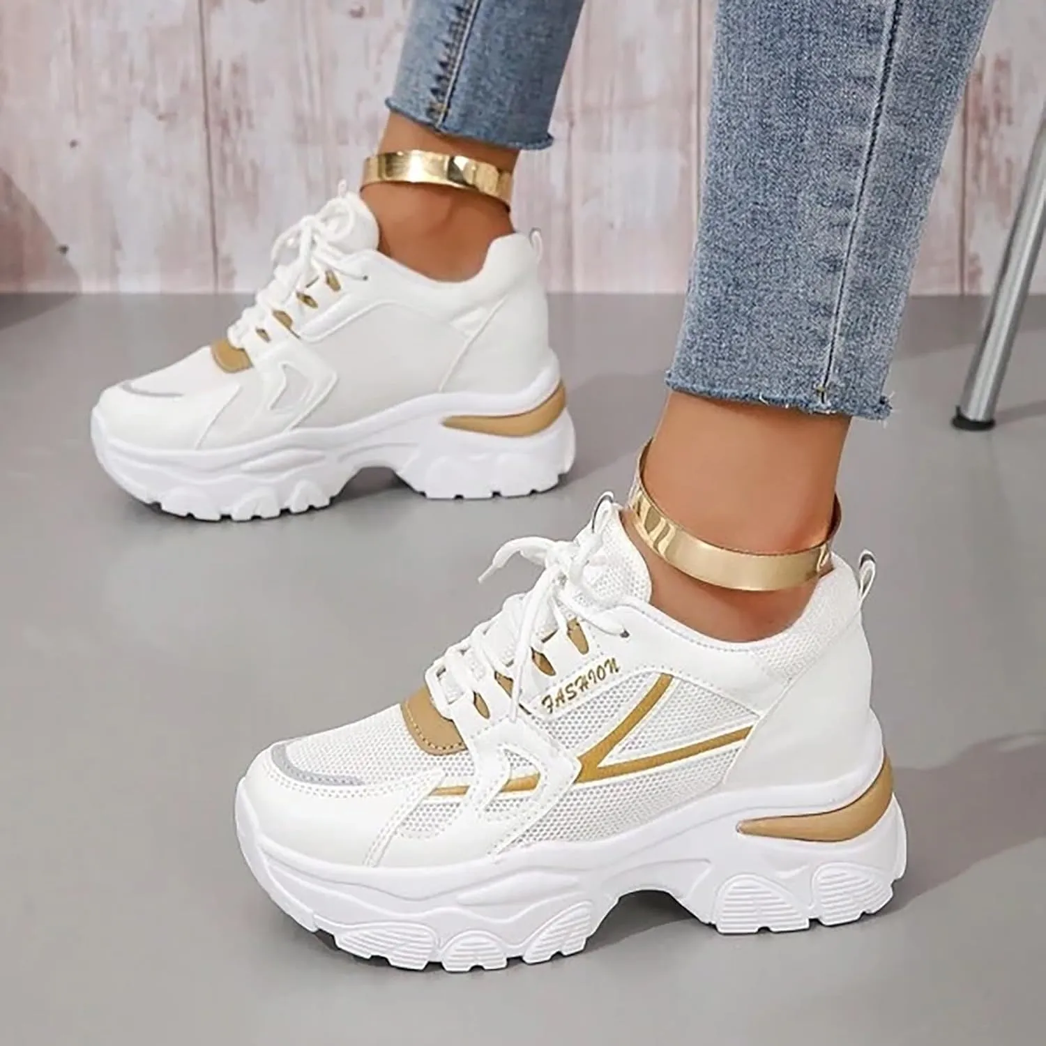 Womens Fashion Platform Sneakers Breathable White Leather Mesh Teenage Girls Comfort Casual Sport Walking Shoes Arch support