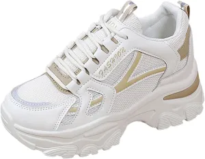 Womens Fashion Platform Sneakers Breathable White Leather Mesh Teenage Girls Comfort Casual Sport Walking Shoes Arch support