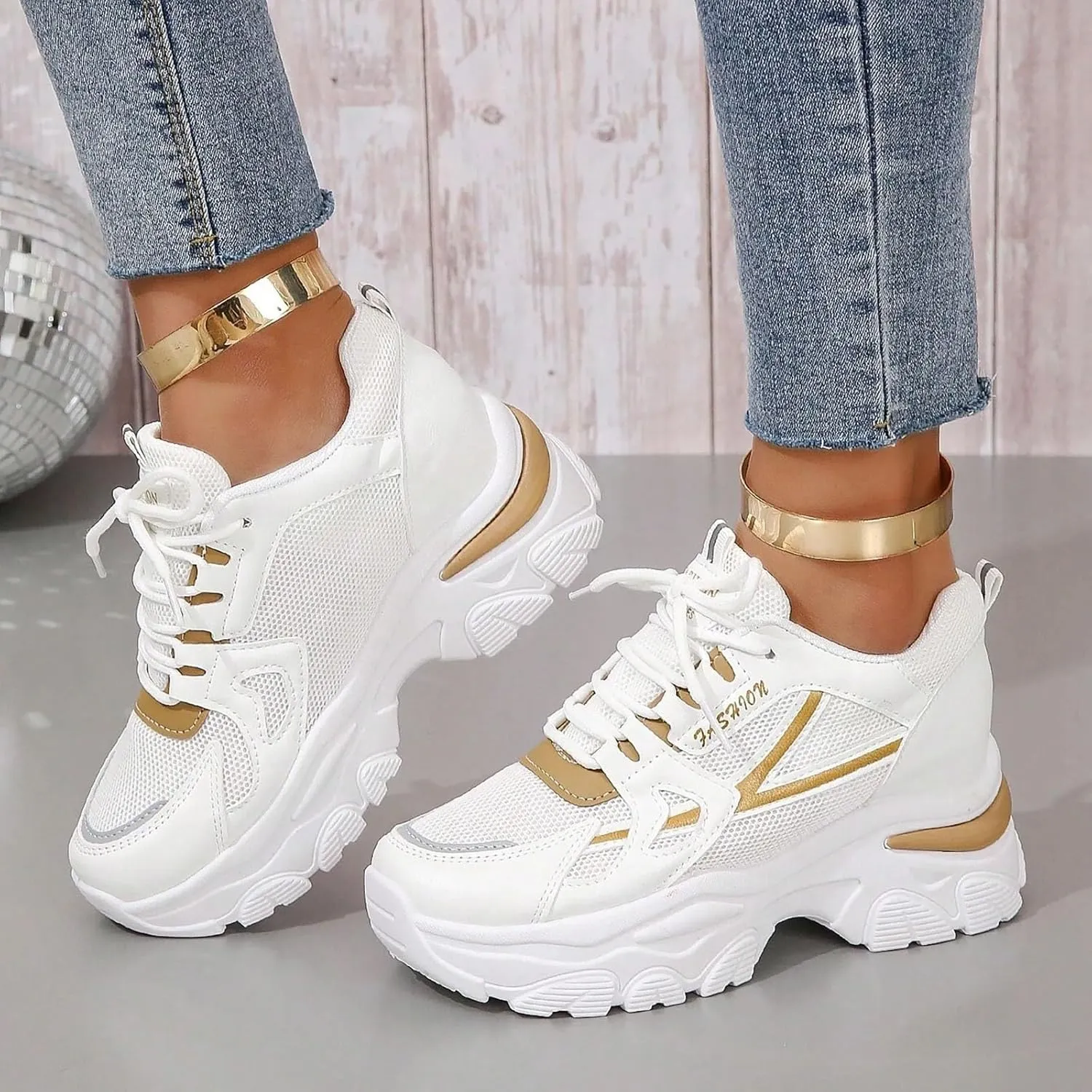 Womens Fashion Platform Sneakers Breathable White Leather Mesh Teenage Girls Comfort Casual Sport Walking Shoes Arch support