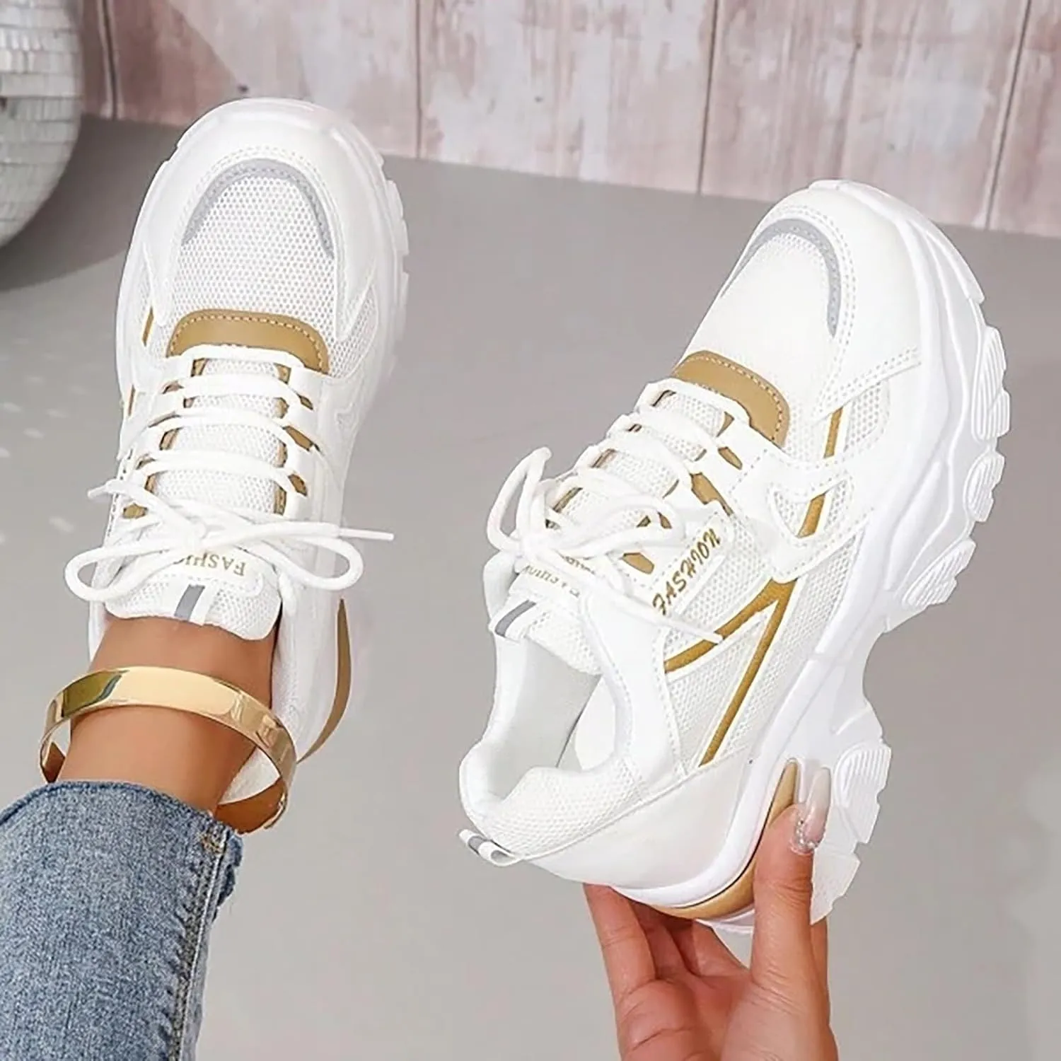 Womens Fashion Platform Sneakers Breathable White Leather Mesh Teenage Girls Comfort Casual Sport Walking Shoes Arch support