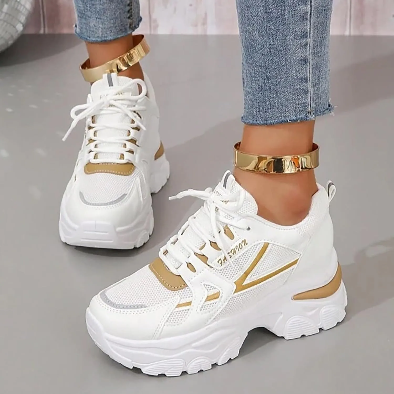 Womens Fashion Platform Sneakers Breathable White Leather Mesh Teenage Girls Comfort Casual Sport Walking Shoes Arch support