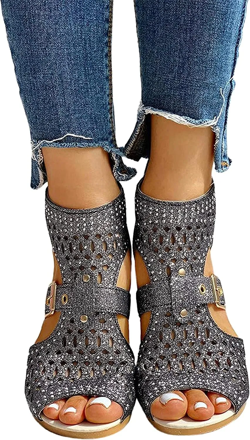 Womens Fashion Slingback Sandals Ladies Comfortable Beach Walking Shoes Thick Cushion Sandal with Hook&Loop,Black,US7.5/EU39
