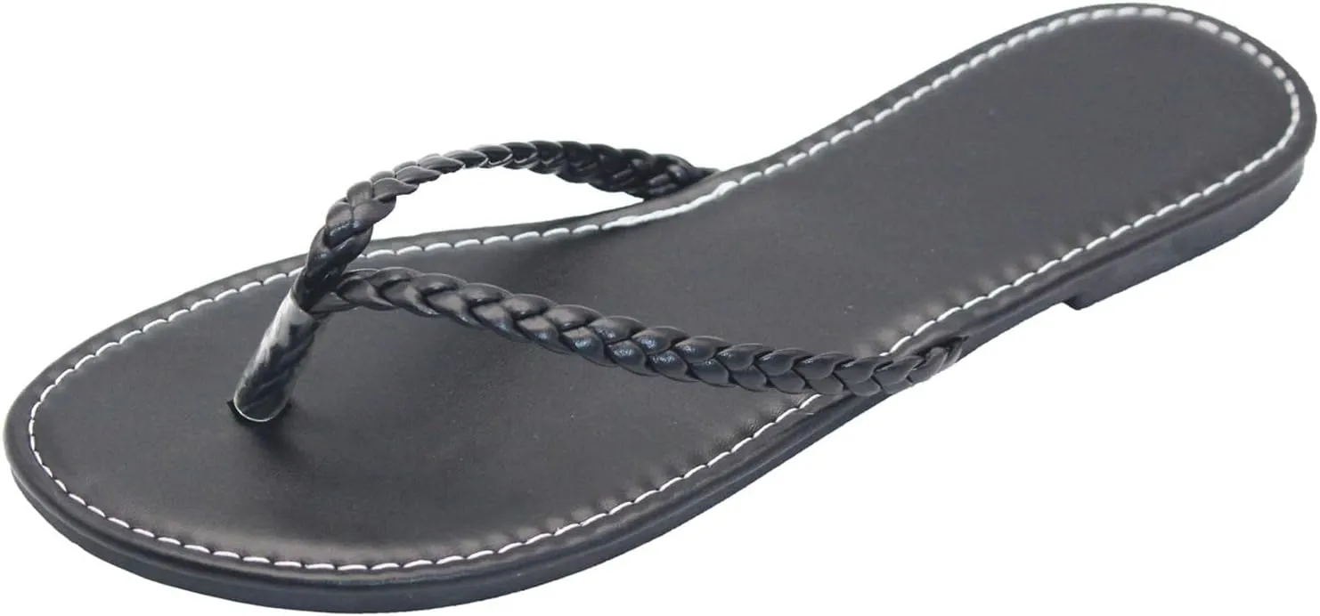 Women's Leather Flip Flops, Woven Strap PU Leather Flat Sandals Slip On Slippers Casual Beach Thongs Slides Shoes