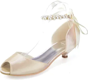 Women's Pearl White Wedding Shoes for Bride Low Heel Open Toe Satin Bridal Shoes Prom Party Dress Pumps Sandals