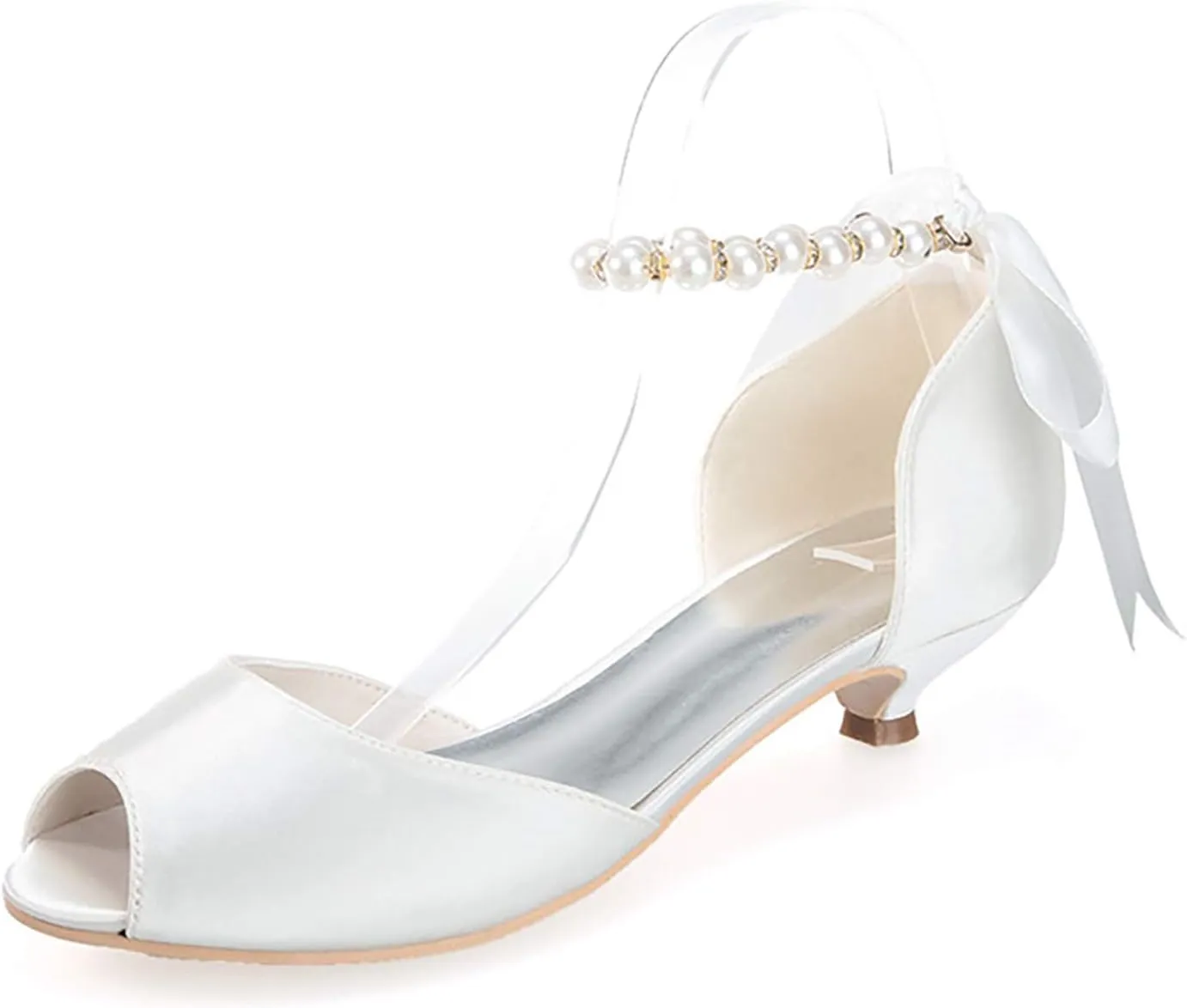 Women's Pearl White Wedding Shoes for Bride Low Heel Open Toe Satin Bridal Shoes Prom Party Dress Pumps Sandals