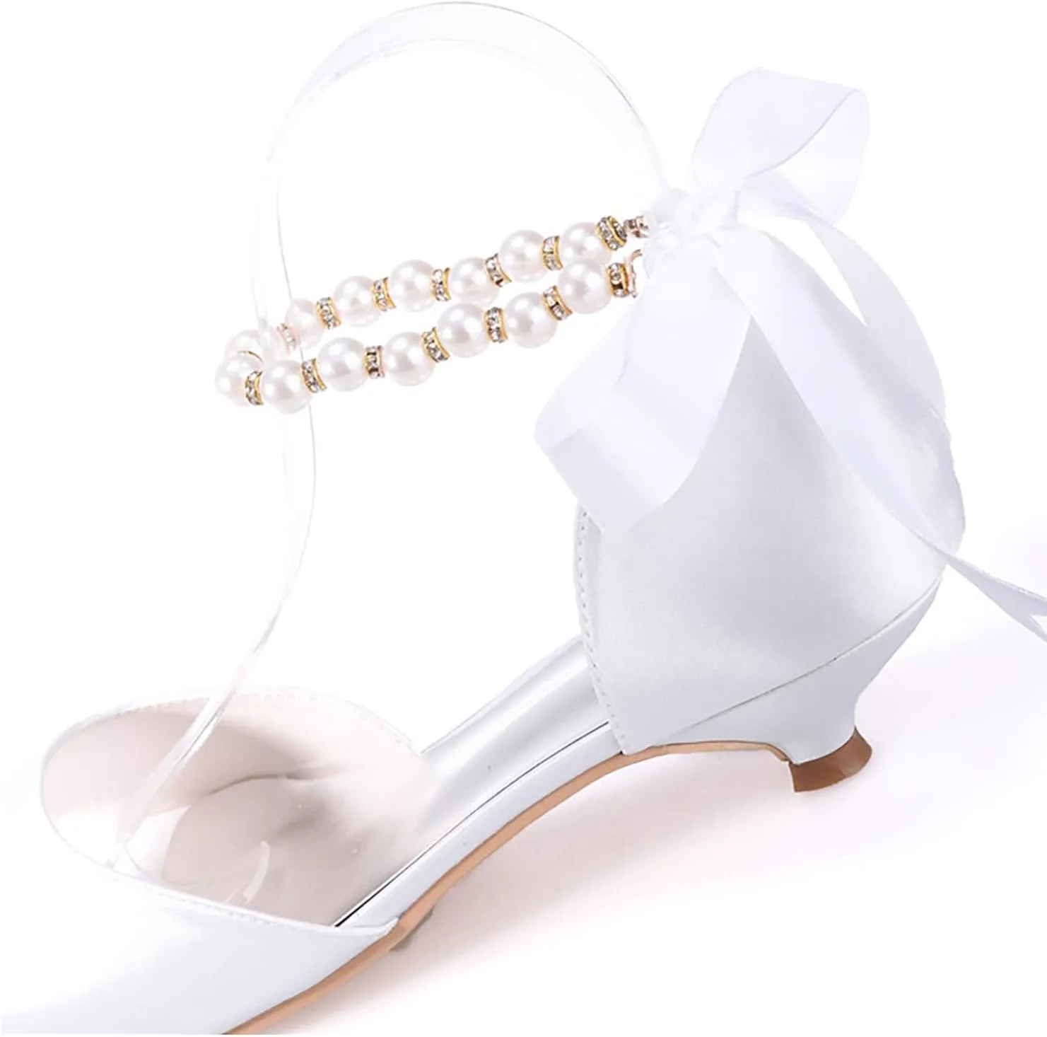 Women's Pearl White Wedding Shoes for Bride Low Heel Open Toe Satin Bridal Shoes Prom Party Dress Pumps Sandals