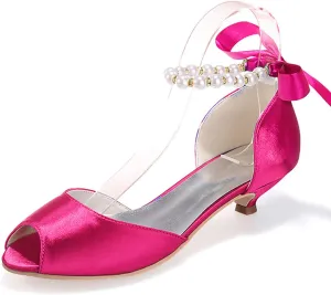 Women's Pearl White Wedding Shoes for Bride Low Heel Open Toe Satin Bridal Shoes Prom Party Dress Pumps Sandals