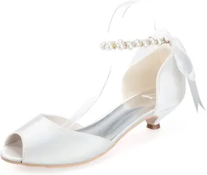 Women's Pearl White Wedding Shoes for Bride Low Heel Open Toe Satin Bridal Shoes Prom Party Dress Pumps Sandals