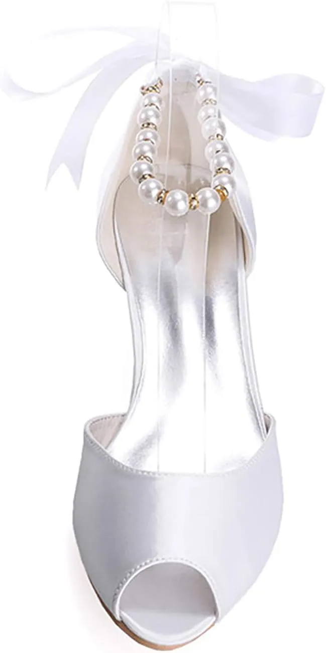 Women's Pearl White Wedding Shoes for Bride Low Heel Open Toe Satin Bridal Shoes Prom Party Dress Pumps Sandals