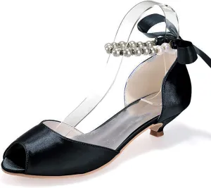 Women's Pearl White Wedding Shoes for Bride Low Heel Open Toe Satin Bridal Shoes Prom Party Dress Pumps Sandals