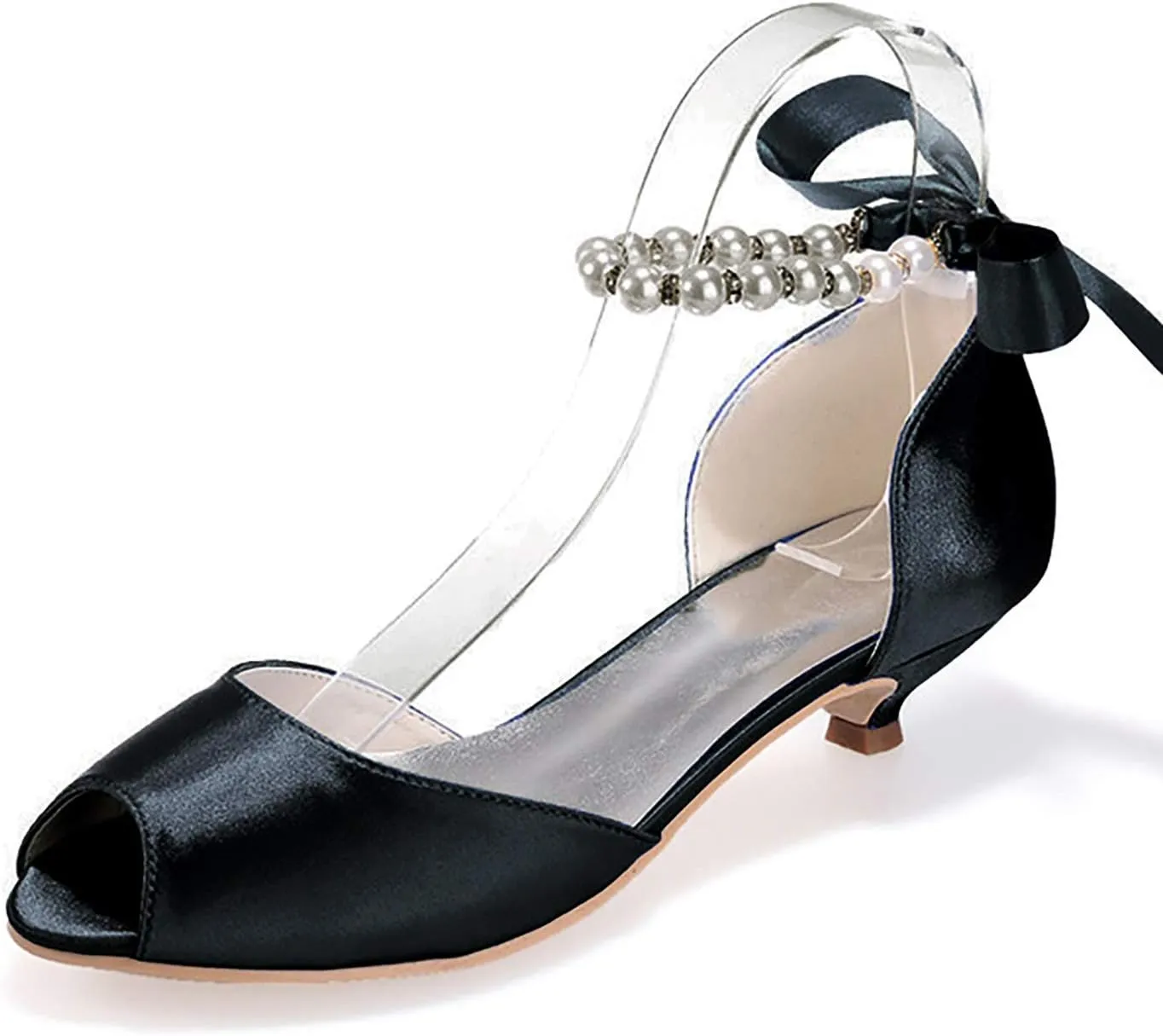 Women's Pearl White Wedding Shoes for Bride Low Heel Open Toe Satin Bridal Shoes Prom Party Dress Pumps Sandals