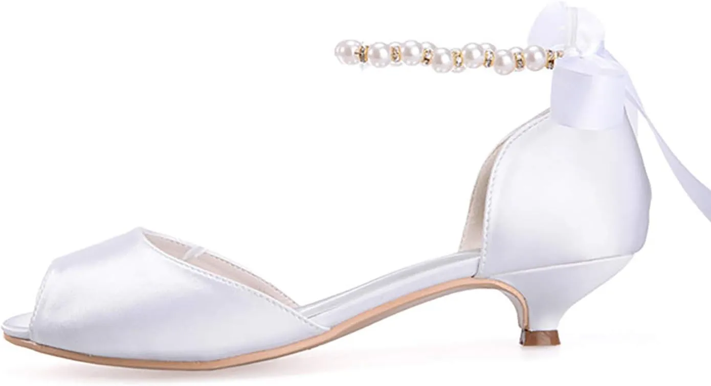 Women's Pearl White Wedding Shoes for Bride Low Heel Open Toe Satin Bridal Shoes Prom Party Dress Pumps Sandals